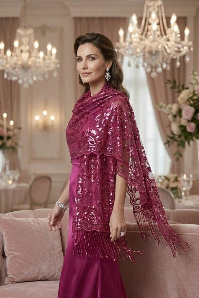 Fuchsia Rose Sequin Evening Scarf Wrap | Elegant Floral Sparkle Shawl
