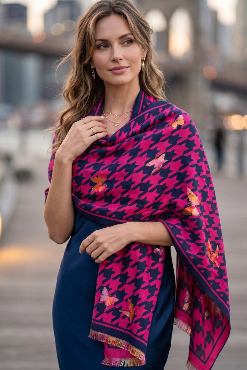 Navy & Fuchsia Houndstooth Scarf with Solid Border – Chic Statement Wrap