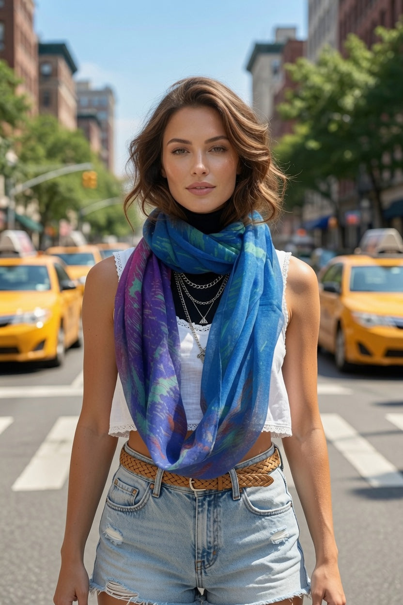 Blue Purple Abstract Painting Infinity Scarf | Wearable Art Loop Scarf