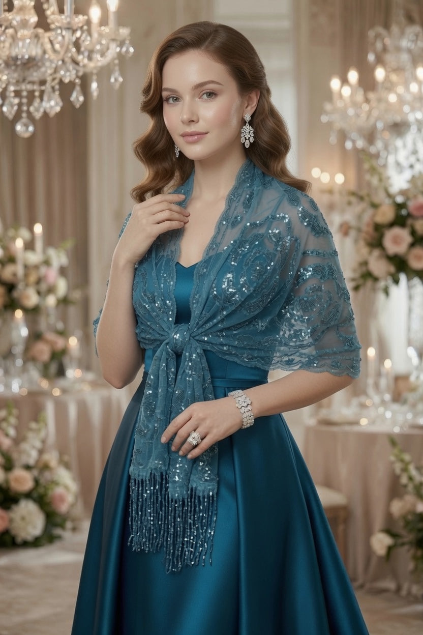 Blue Rose Sequin Evening Scarf Wrap | Elegant Floral Sparkle Shawl
