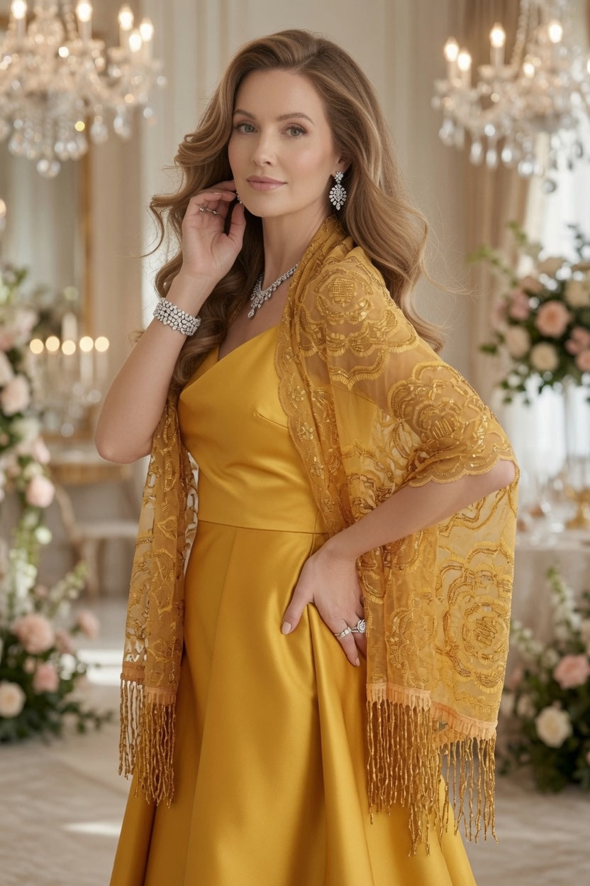 Golden Yellow Rose Sequin Evening Scarf Wrap | Elegant Floral Sparkle Shawl