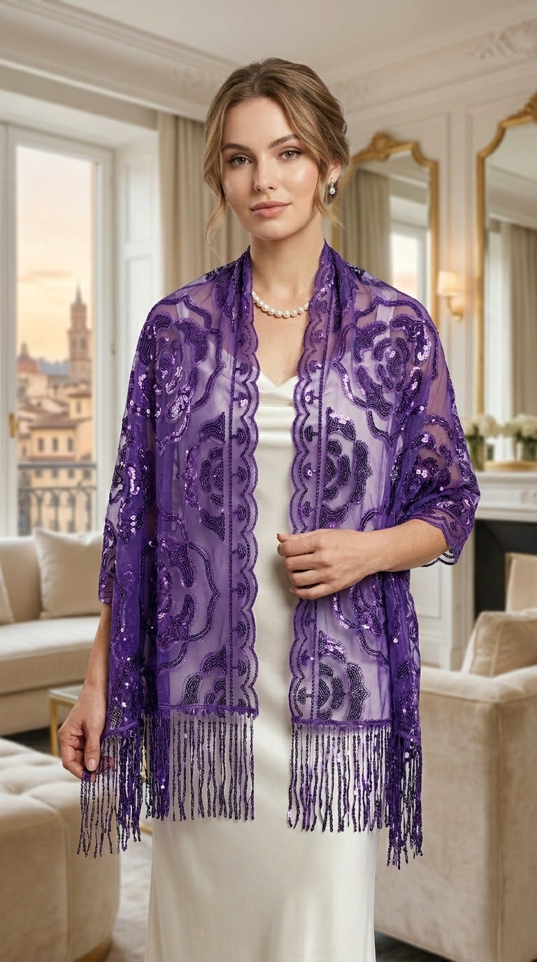 Purple Rose Sequin Evening Scarf Wrap | Elegant Floral Sparkle Shawl