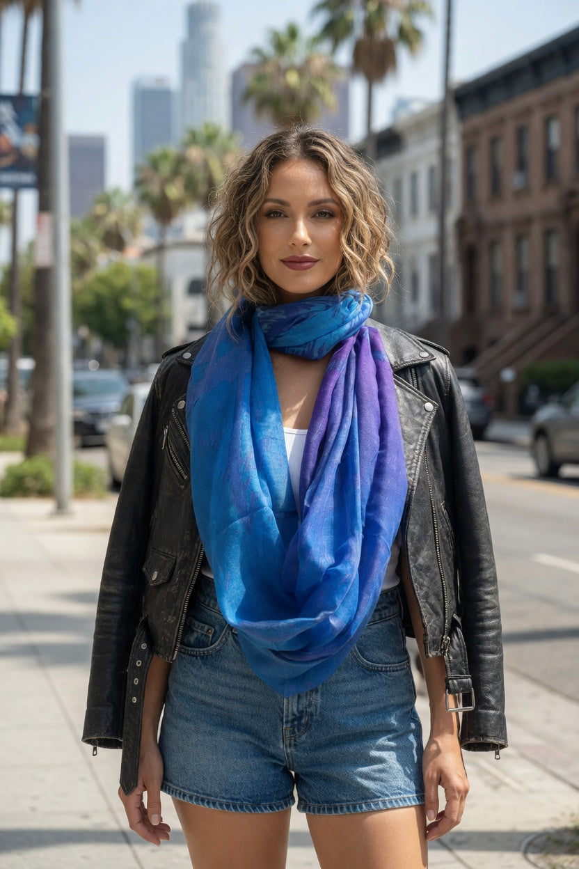 Royal Blue Purple Abstract Painting Infinity Scarf | Wearable Art Loop Scarf