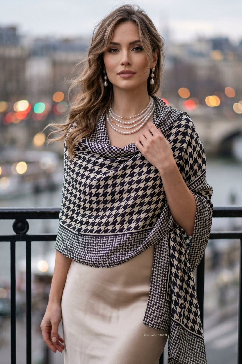 Black & White Houndstooth Silky Satin Scarf Wrap – Classic Designer Inspired Shawl