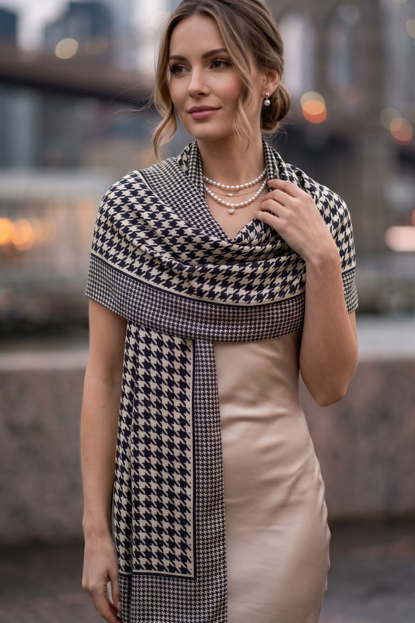 Black & White Houndstooth Silky Satin Scarf Wrap – Classic Designer Inspired Shawl