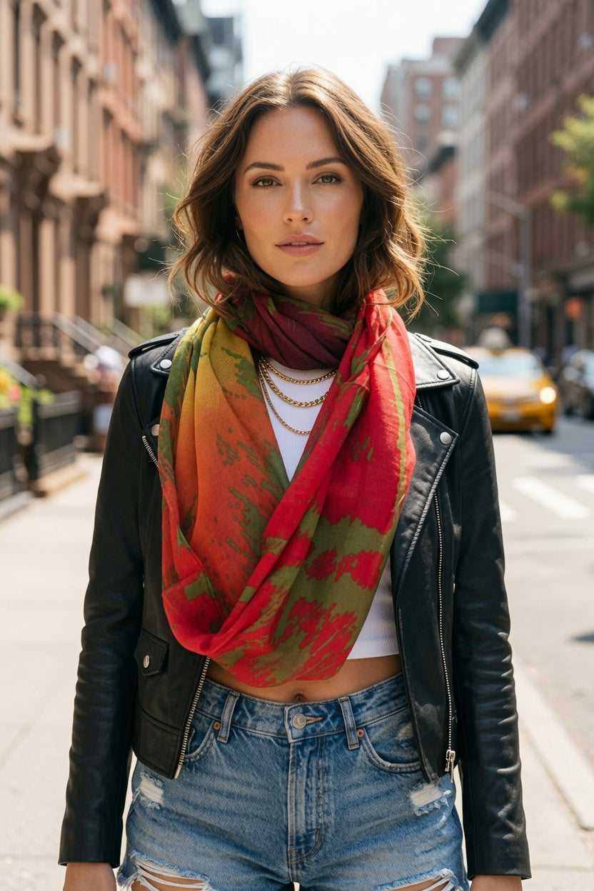 Orange Red Abstract Painting Infinity Scarf | Wearable Art Loop Scarf
