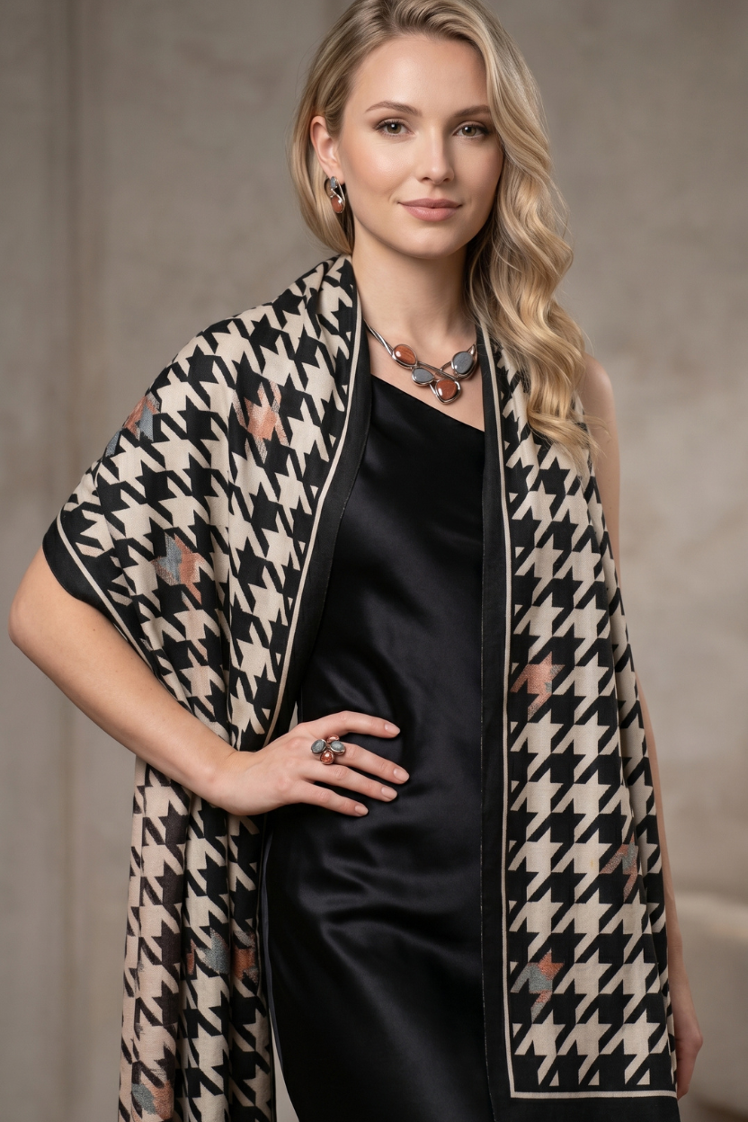 Black White Houndstooth Scarf with Solid Border – Classic Elegant Shawl
