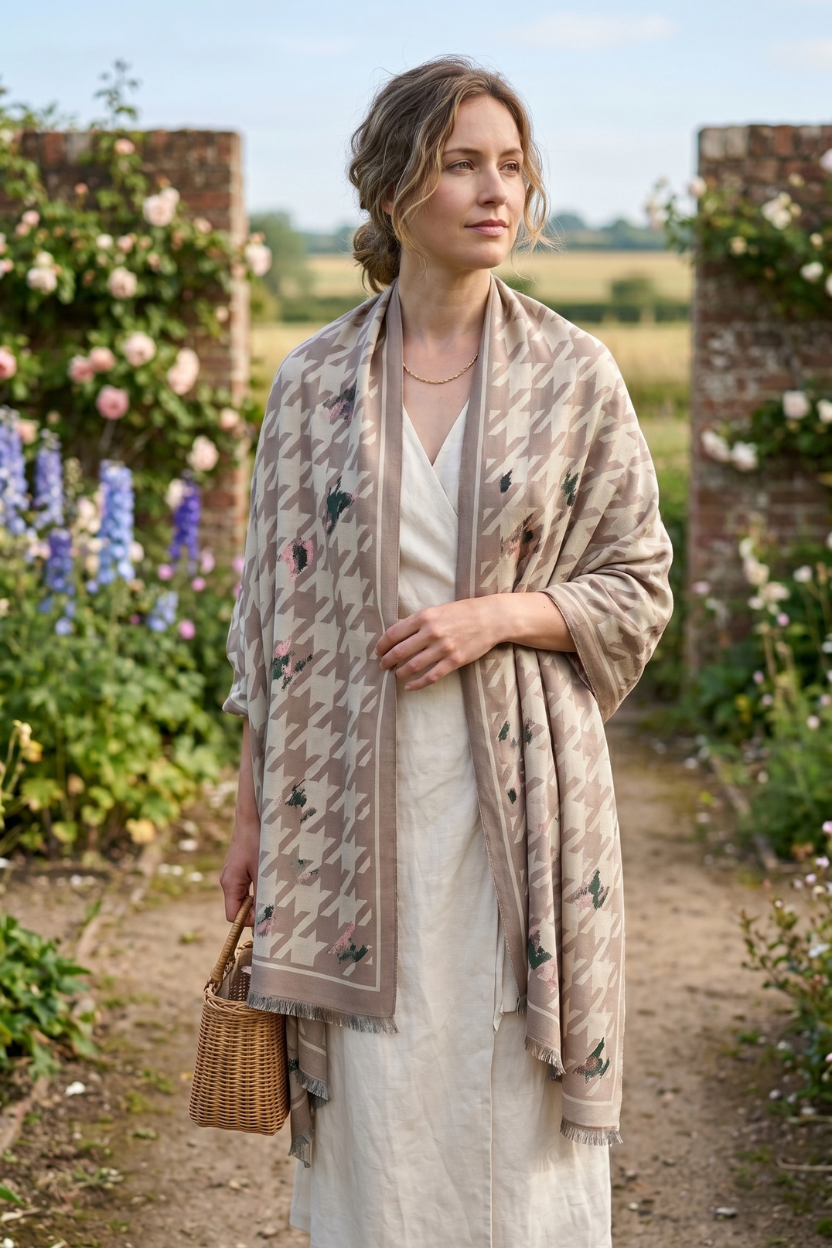 Khaki Houndstooth Scarf with Solid Border – Timeless Fashion Wrap