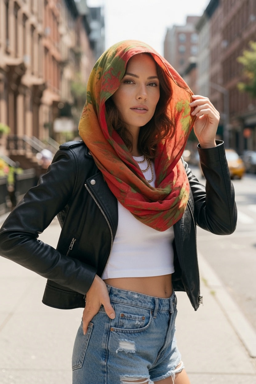 Orange Red Abstract Painting Infinity Scarf | Wearable Art Loop Scarf