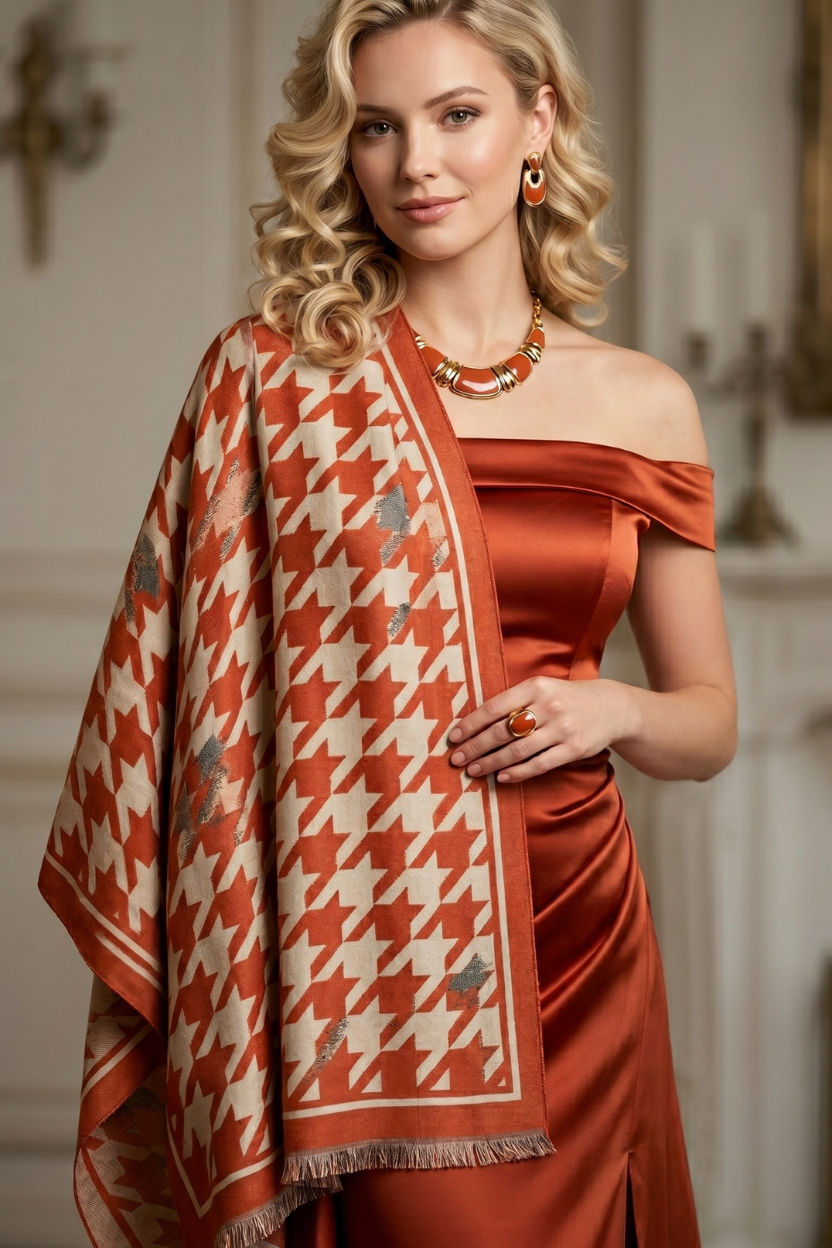 Orange Houndstooth Scarf with Solid Border – Bold Fashion Shawl Wrap