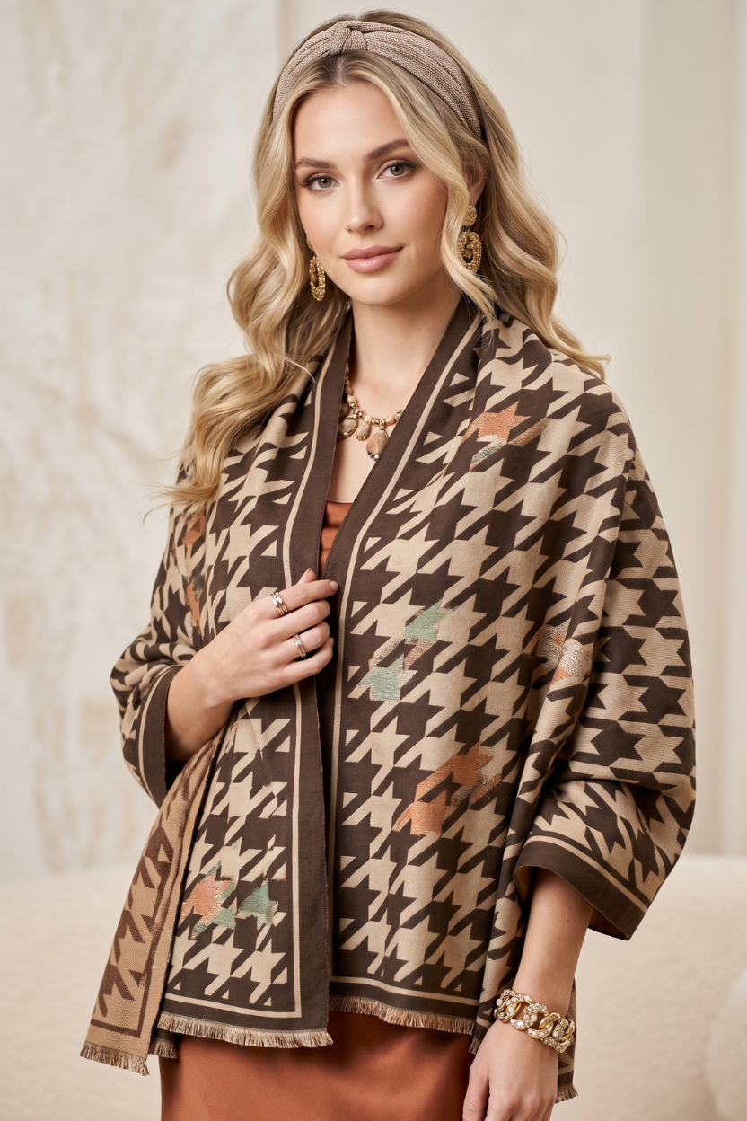 Brown Houndstooth Scarf with Solid Border – Elegant Fashion Wrap Shawl