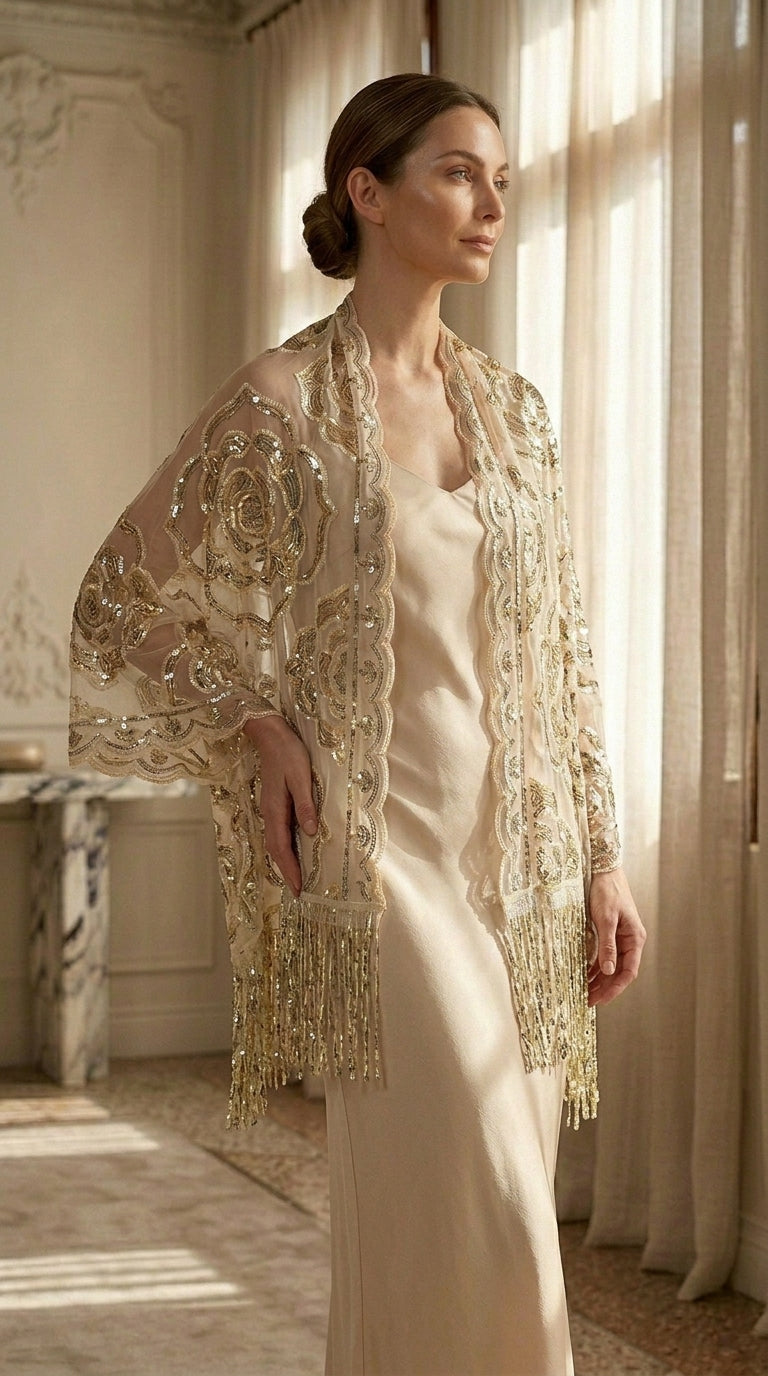 Light Gold Rose Sequin Evening Scarf Wrap | Elegant Floral Sparkle Shawl