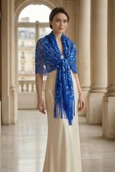 Royal Blue Rose Sequin Evening Scarf Wrap | Elegant Floral Sparkle Shawl