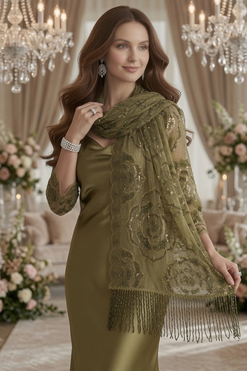 Olive Rose Sequin Evening Scarf Wrap | Elegant Floral Sparkle Shawl