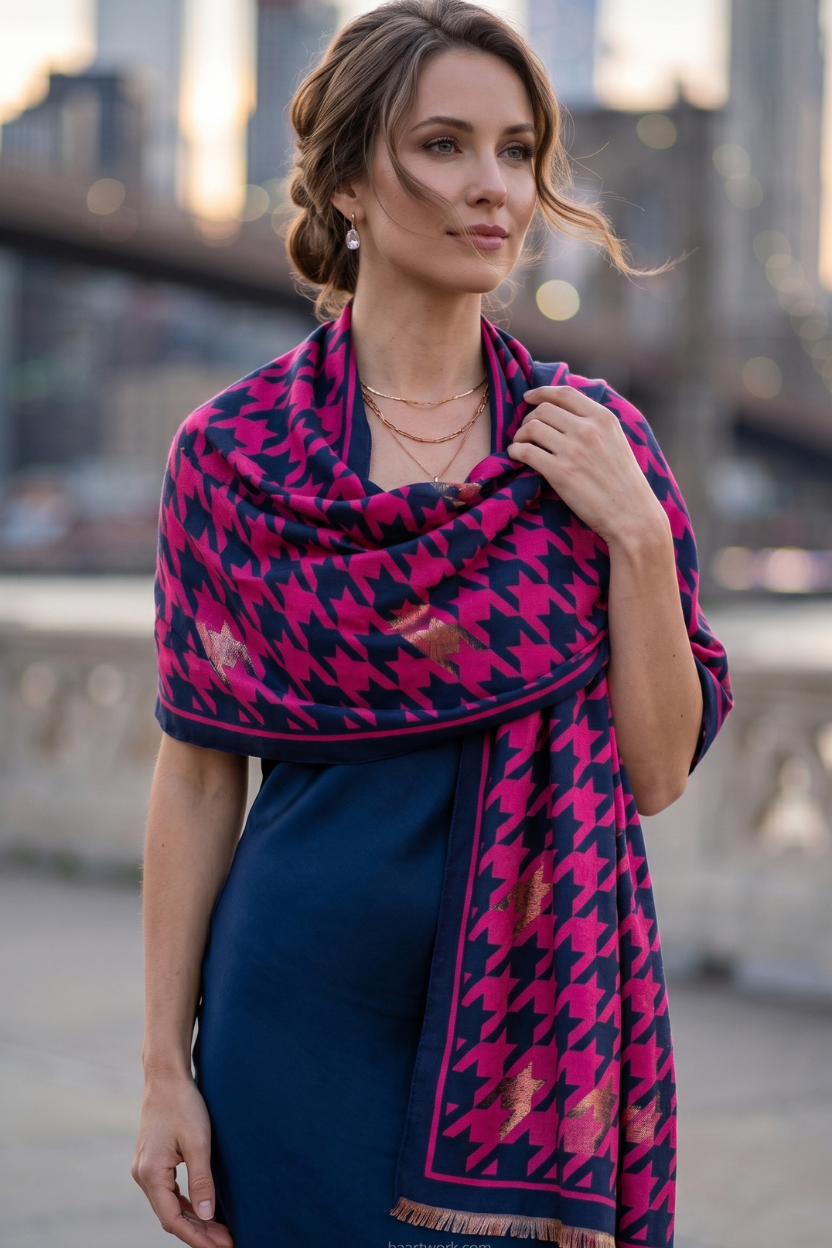 Navy & Fuchsia Houndstooth Scarf with Solid Border – Chic Statement Wrap
