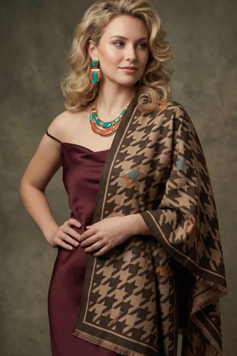 Brown Houndstooth Scarf with Solid Border – Elegant Fashion Wrap Shawl