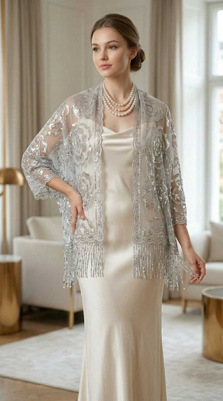 Silver Rose Sequin Evening Scarf Wrap | Elegant Floral Sparkle Shawl