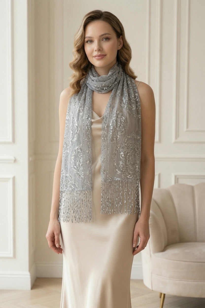 White Rose Sequin Evening Scarf Wrap | Elegant Floral Sparkle Shawl