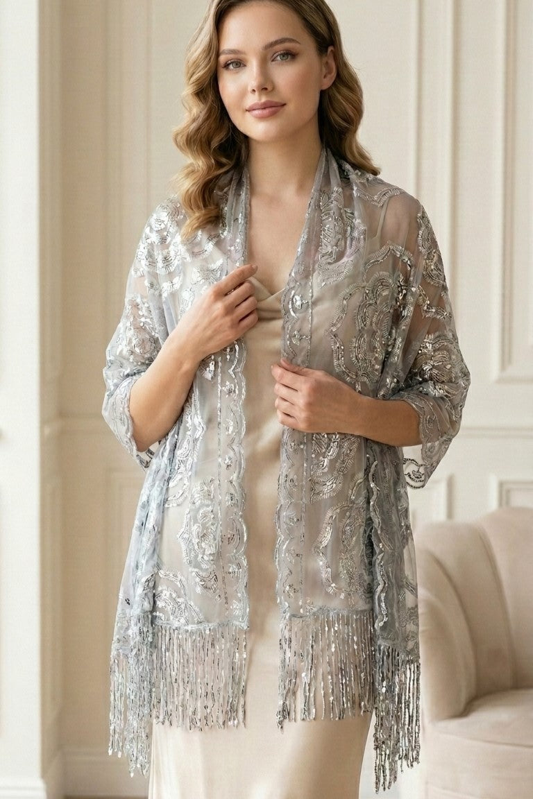 White Rose Sequin Evening Scarf Wrap | Elegant Floral Sparkle Shawl