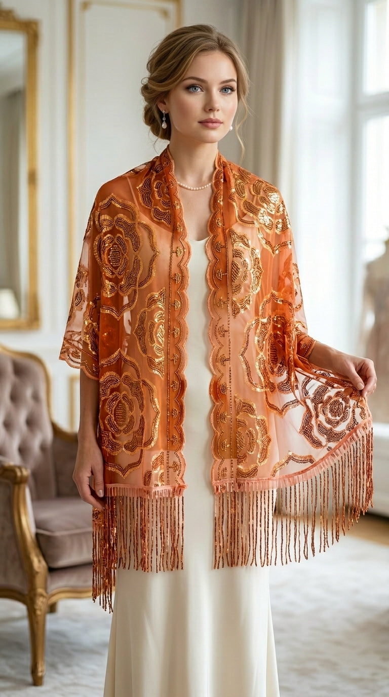 Orange Rose Sequin Evening Scarf Wrap | Elegant Floral Sparkle Shawl