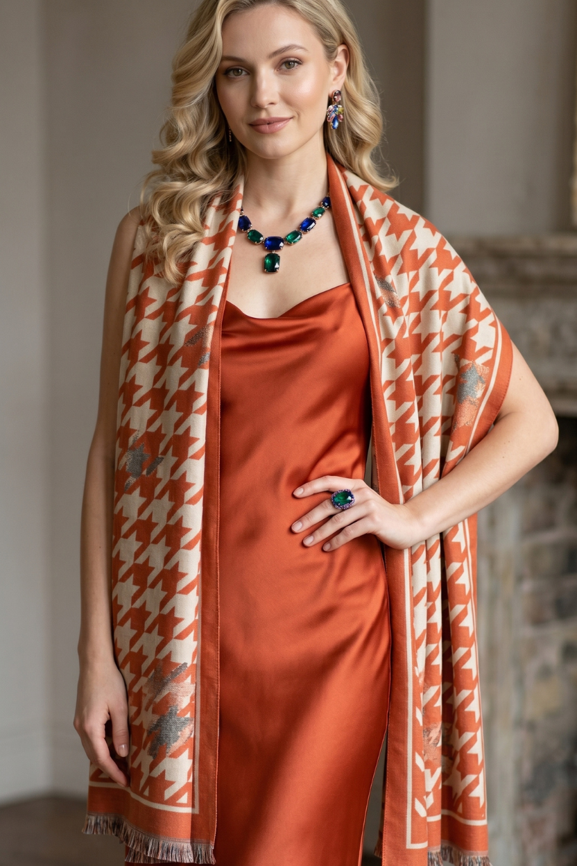 Orange Houndstooth Scarf with Solid Border – Bold Fashion Shawl Wrap