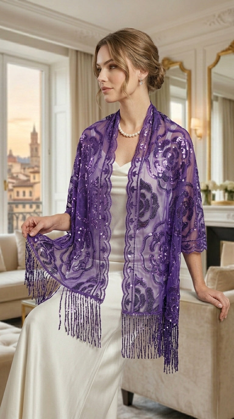 Purple Rose Sequin Evening Scarf Wrap | Elegant Floral Sparkle Shawl