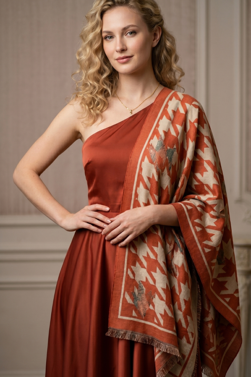 Orange Houndstooth Scarf with Solid Border – Bold Fashion Shawl Wrap