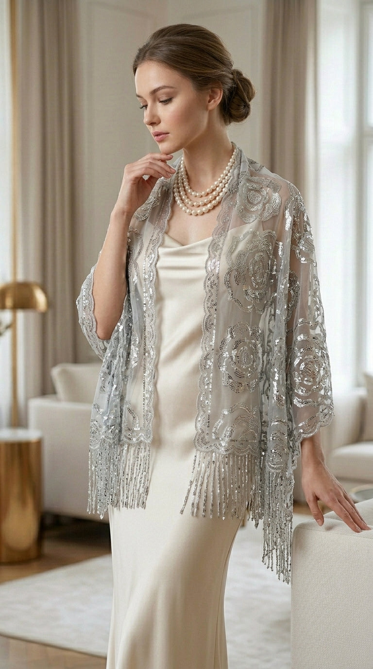 Silver Rose Sequin Evening Scarf Wrap | Elegant Floral Sparkle Shawl