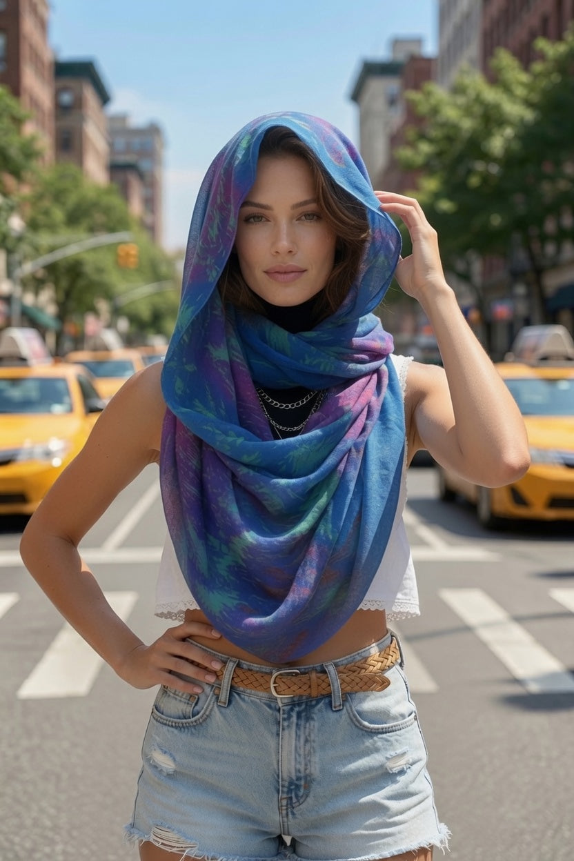 Blue Purple Abstract Painting Infinity Scarf | Wearable Art Loop Scarf