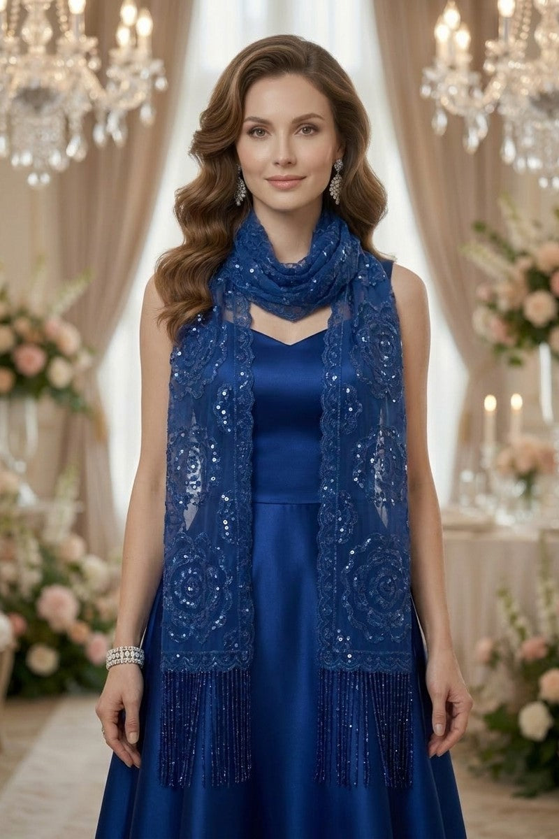 Royal Blue Rose Sequin Evening Scarf Wrap | Elegant Floral Sparkle Shawl