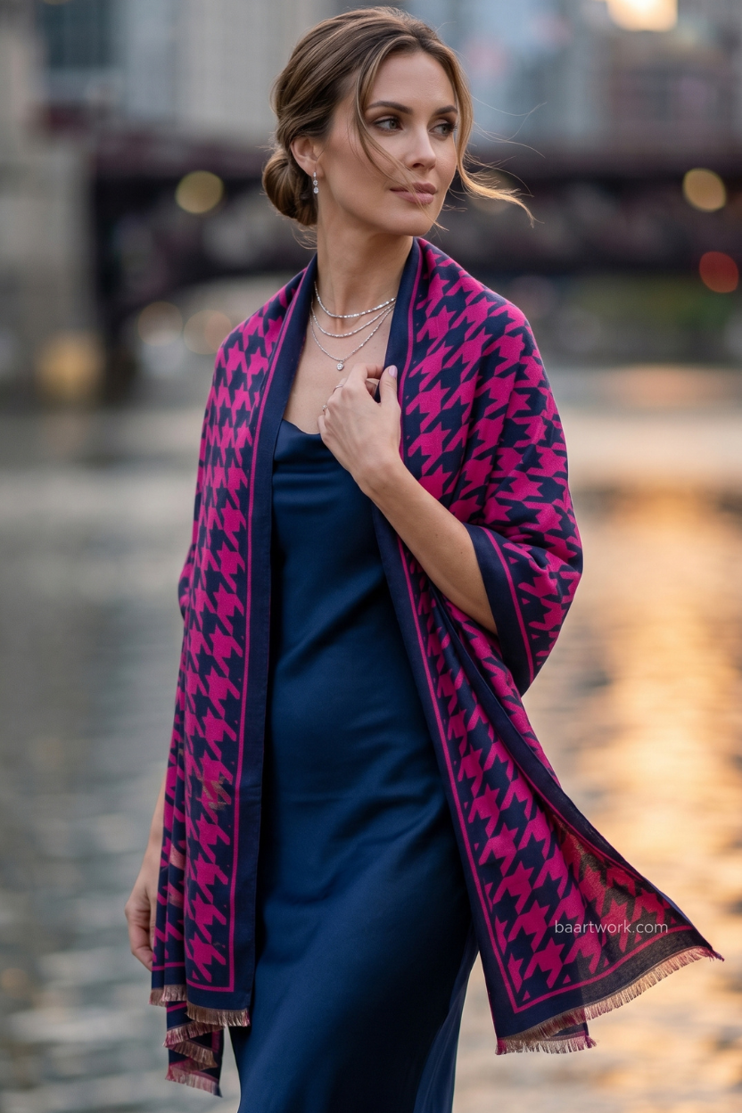 Navy & Fuchsia Houndstooth Scarf with Solid Border – Chic Statement Wrap