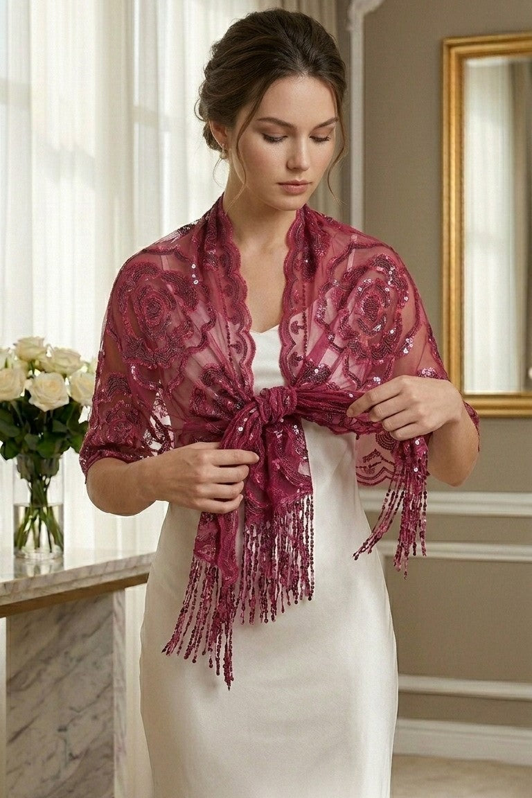 Burgundy Rose Sequin Evening Scarf Wrap | Elegant Floral Sparkle Shawl