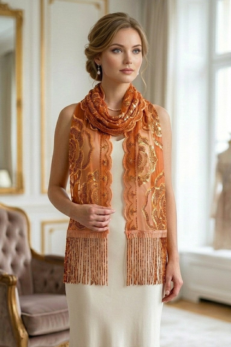 Orange Rose Sequin Evening Scarf Wrap | Elegant Floral Sparkle Shawl