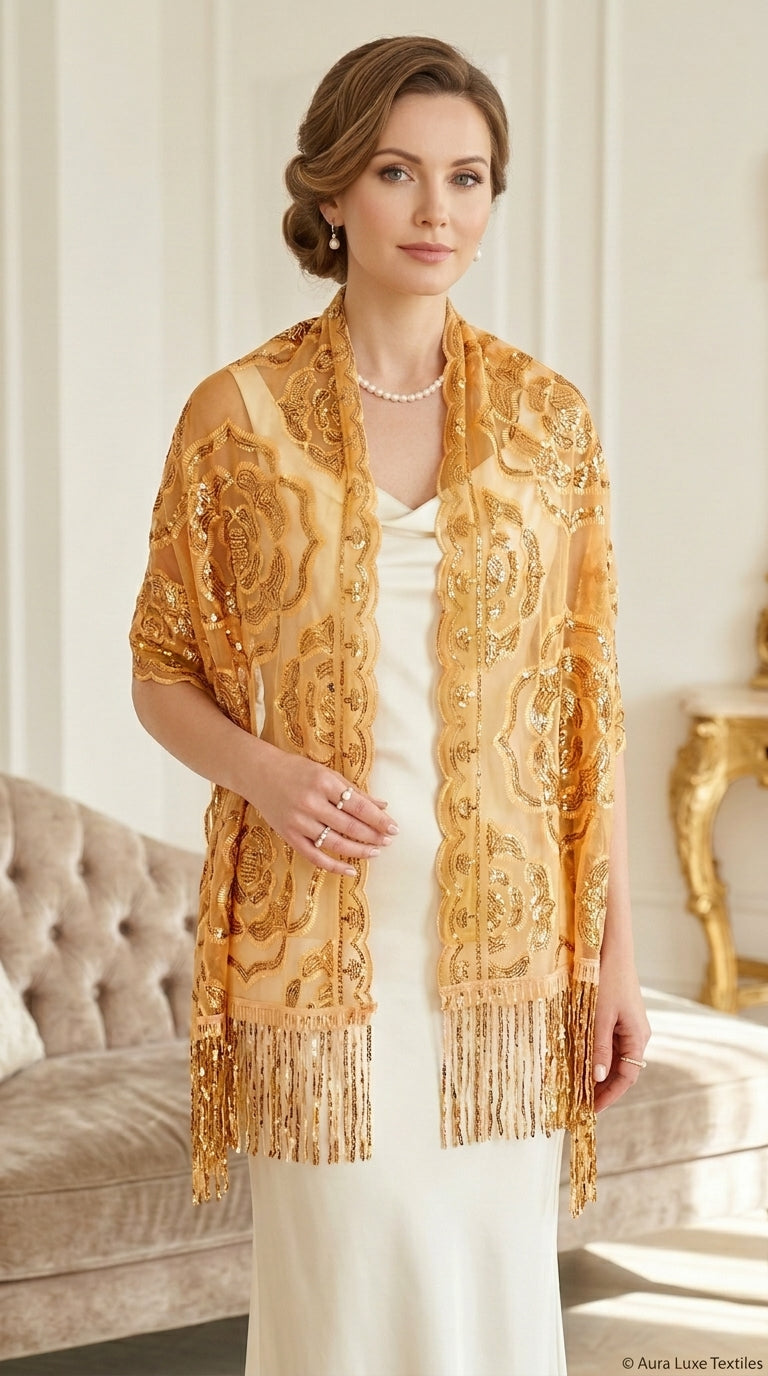 Golden Yellow Rose Sequin Evening Scarf Wrap | Elegant Floral Sparkle Shawl