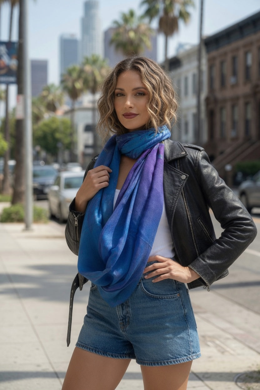 Royal Blue Purple Abstract Painting Infinity Scarf | Wearable Art Loop Scarf