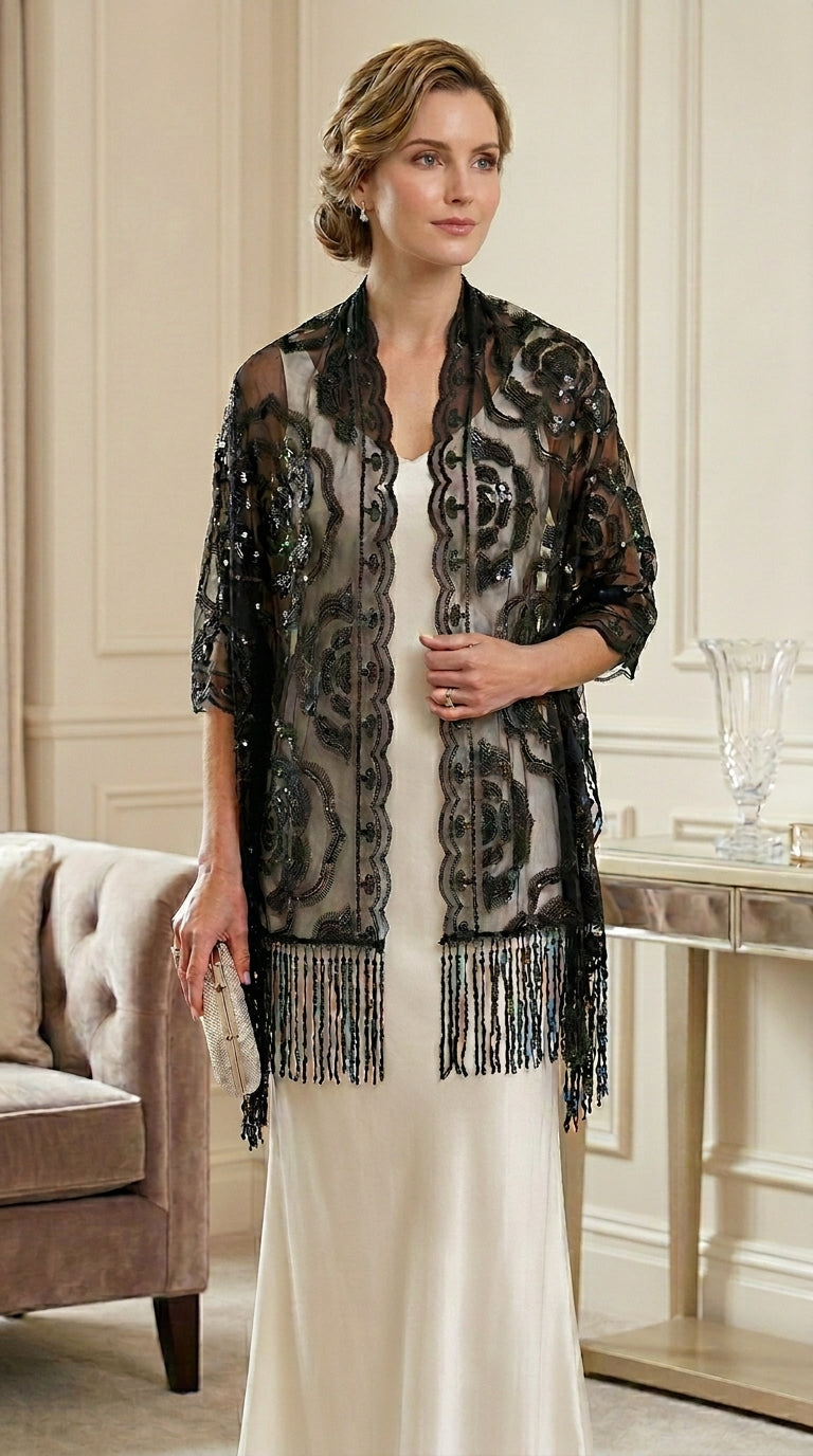 Black Rose Sequin Evening Scarf Wrap | Elegant Floral Sparkle Shawl
