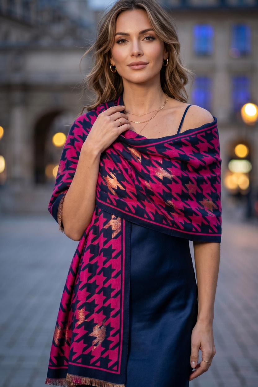 Navy & Fuchsia Houndstooth Scarf with Solid Border – Chic Statement Wrap