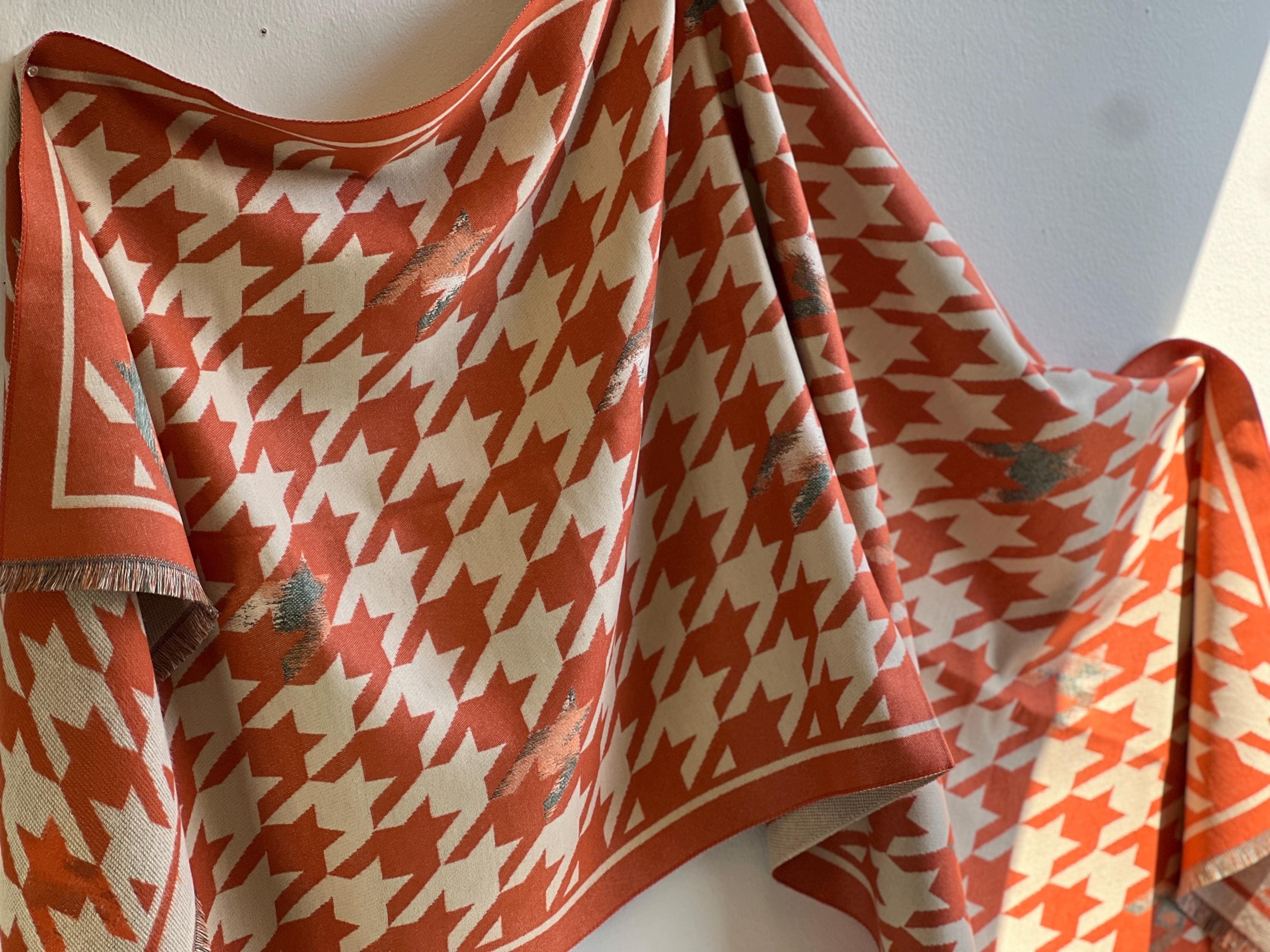 Orange & Cream Houndstooth Oversized Scarf – Bold Geometric Wrap with Artistic Accents