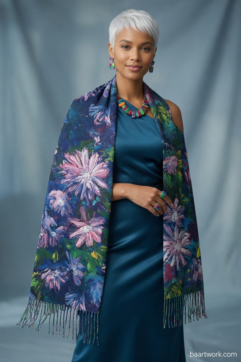 Blue Pink Floral Art Wrap – Soft Romantic Scarf