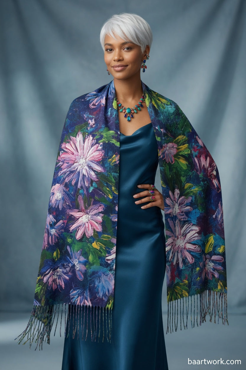 Blue Pink Floral Art Wrap – Soft Romantic Scarf